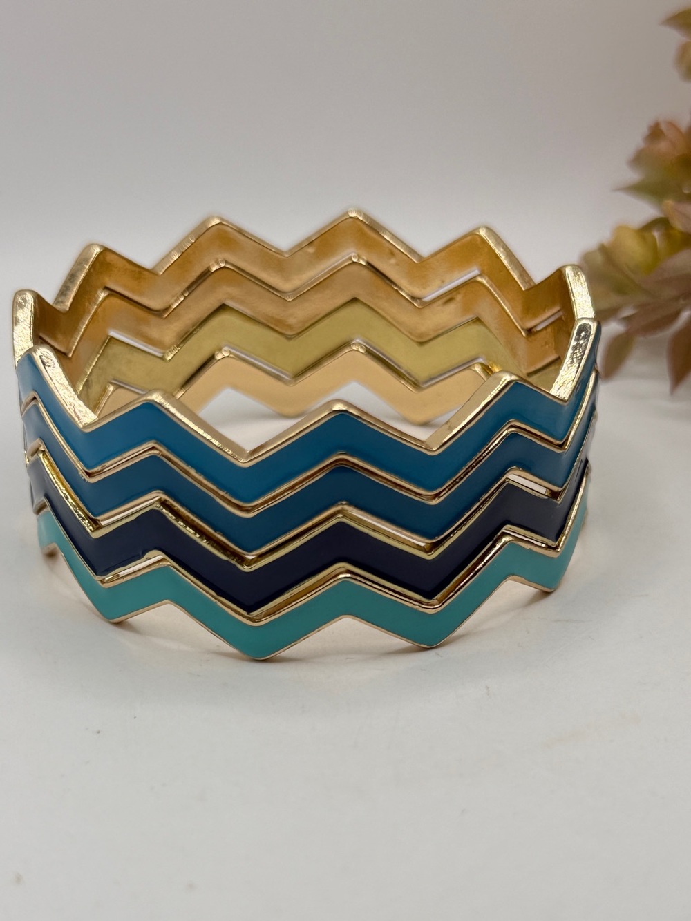 Gold-Tone Vintage Chevron Stackable Bangle Bracelet in Teal, Navy & Aqua